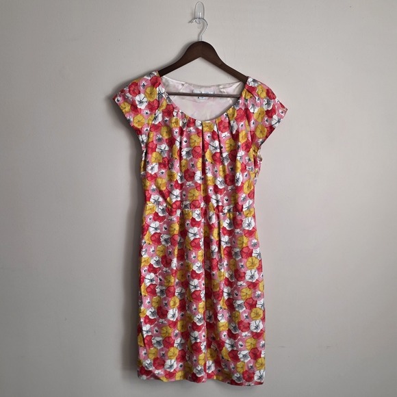 Boden Silk Floral Poppy Print Cap Sleeve Pleated Shift Dress Pink Yellow US 8 - Picture 2 of 9